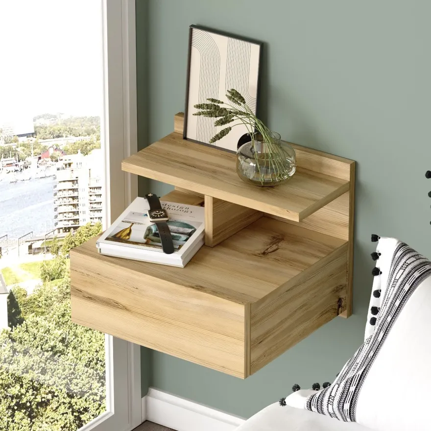 Seinään kiinnitettävä yöpöytä Linento Furniture LV28, puukuosi, ruskea