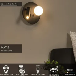 Seinävalaisin Lucide Matiz, Ø16.5cm, IP20, 3.5W, musta