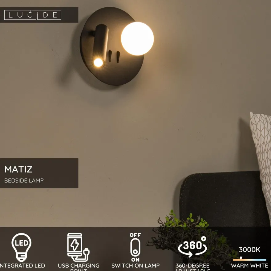 Seinävalaisin Lucide Matiz, Ø16.5cm, IP20, 3.5W, musta