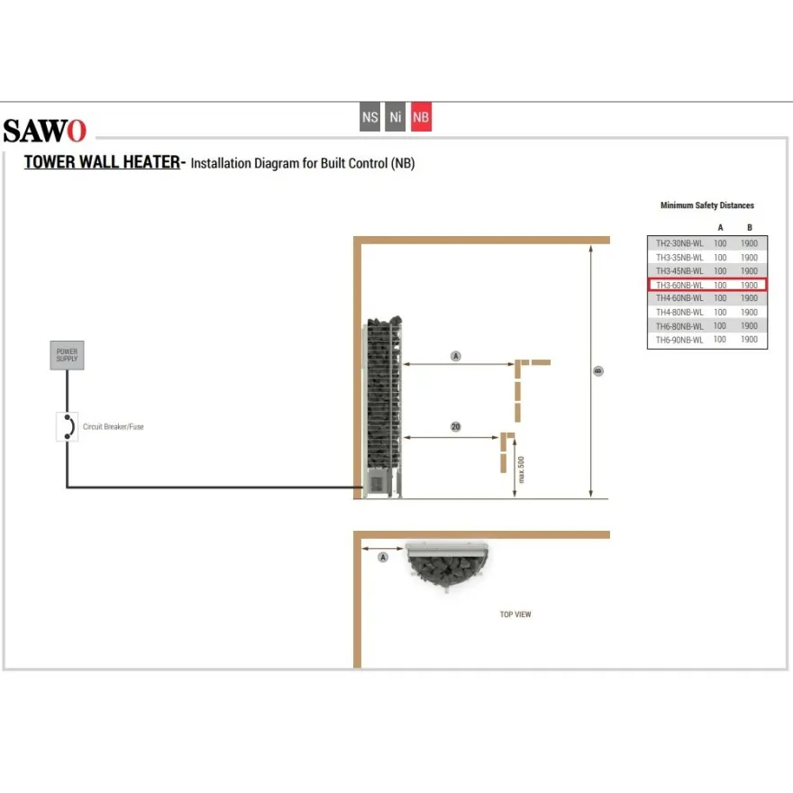 Sähkökiuas SAWO Wall Tower, 6kW, 5-8m³, kiinteä ohjauskeskus