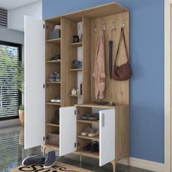 Säilytyskokonaisuus eteiseen Linento Furniture EA109-2695, leveys 120cm, valkoinen/ruskea