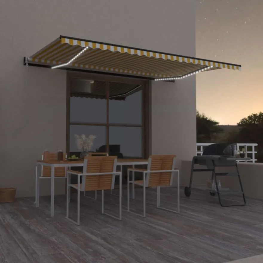 Sisäänkelattava markiisi LED/tuulisensori 500x300 cm keltainen/valkoinen, Verkkokaupan poistotuote