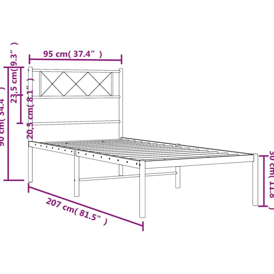 Sängynrunko metalli päädyllä musta 90x200 cm (72270)