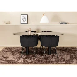 Soikea ruokailuryhmä Venture Home, 180x100cm Pillan-pöytä + 4 mustaa Limhamn-tuolia, sametti