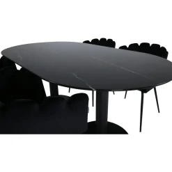 Soikea ruokailuryhmä Venture Home, 180x100cm Pillan-pöytä + 4 mustaa Limhamn-tuolia, sametti