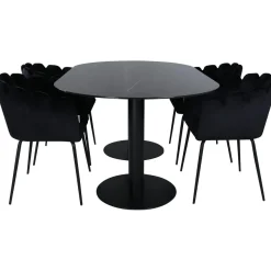Soikea ruokailuryhmä Venture Home, 180x100cm Pillan-pöytä + 4 mustaa Limhamn-tuolia, sametti