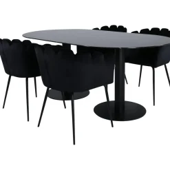 Soikea ruokailuryhmä Venture Home, 180x100cm Pillan-pöytä + 4 mustaa Limhamn-tuolia, sametti