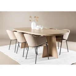 Soikea ruokailuryhmä Venture Home, 230x115cm ruskea Bootcut-pöytä + 6 beigeä Evelina-tuolia
