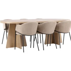 Soikea ruokailuryhmä Venture Home, 230x115cm ruskea Bootcut-pöytä + 6 beigeä Evelina-tuolia
