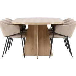 Soikea ruokailuryhmä Venture Home, 230x115cm ruskea Bootcut-pöytä + 6 beigeä Evelina-tuolia