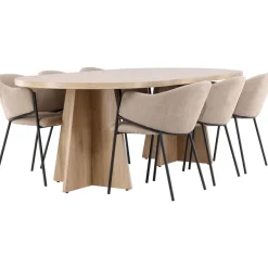 Soikea ruokailuryhmä Venture Home, 230x115cm ruskea Bootcut-pöytä + 6 beigeä Evelina-tuolia