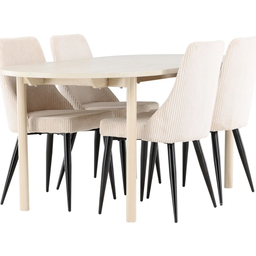 Soikea ruokailuryhmä Venture Home, 180x90cm vaalea Andy-pöytä + 4 beigeä Leone-tuolia, vakosametti