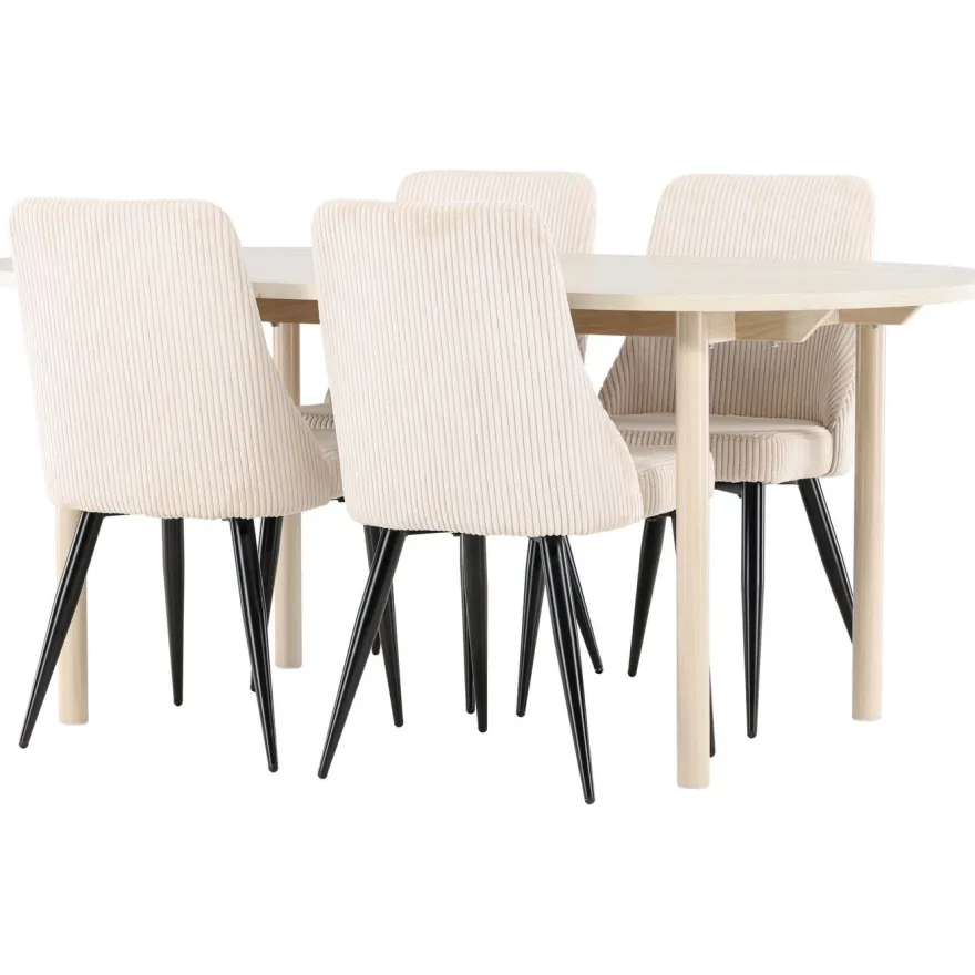 Soikea ruokailuryhmä Venture Home, 180x90cm vaalea Andy-pöytä + 4 beigeä Leone-tuolia, vakosametti