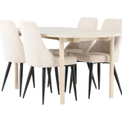 Soikea ruokailuryhmä Venture Home, 180x90cm vaalea Andy-pöytä + 4 beigeä Leone-tuolia, vakosametti