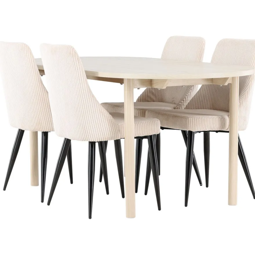Soikea ruokailuryhmä Venture Home, 180x90cm vaalea Andy-pöytä + 4 beigeä Leone-tuolia, vakosametti