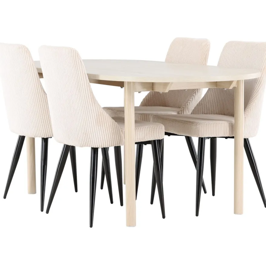 Soikea ruokailuryhmä Venture Home, 180x90cm vaalea Andy-pöytä + 4 beigeä Leone-tuolia, vakosametti