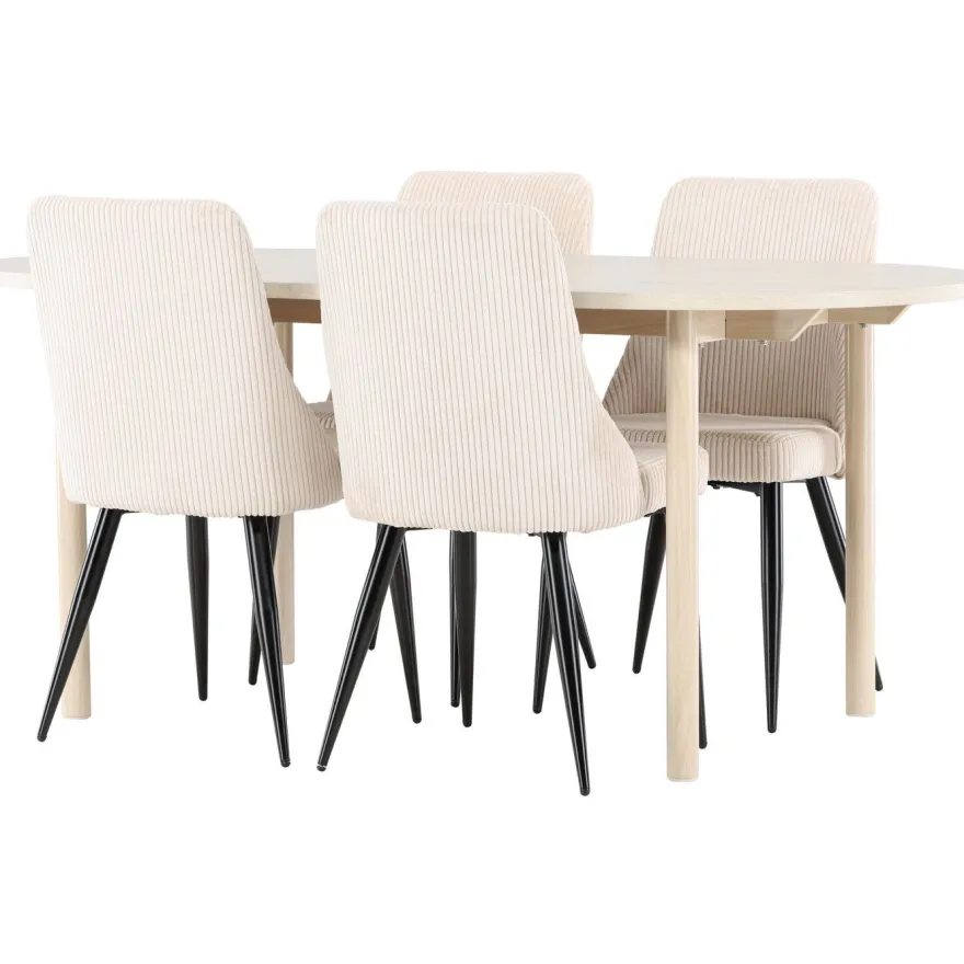 Soikea ruokailuryhmä Venture Home, 180x90cm vaalea Andy-pöytä + 4 beigeä Leone-tuolia, vakosametti