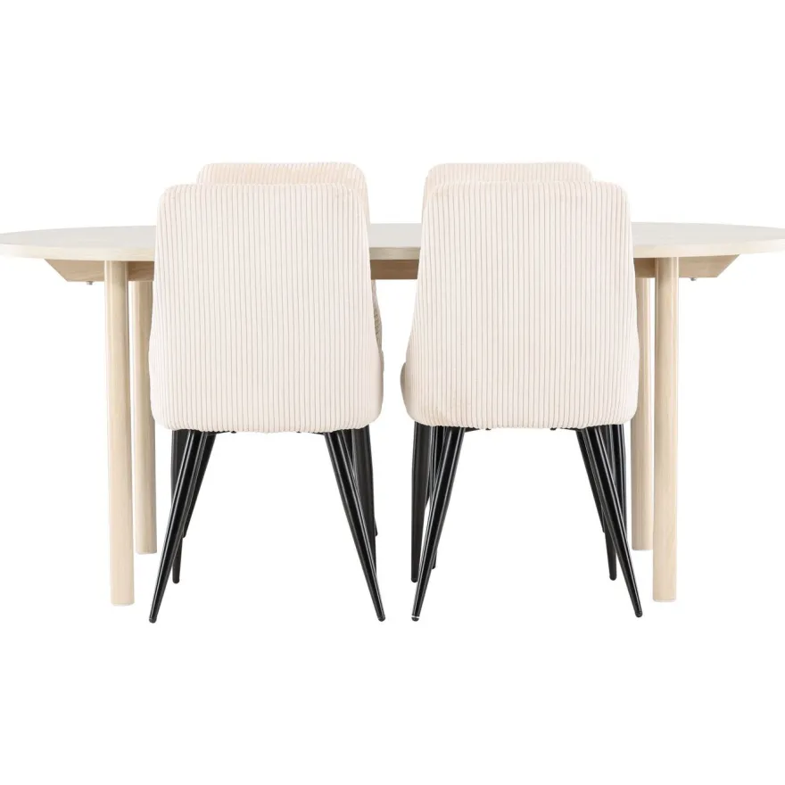 Soikea ruokailuryhmä Venture Home, 180x90cm vaalea Andy-pöytä + 4 beigeä Leone-tuolia, vakosametti
