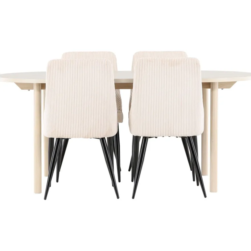 Soikea ruokailuryhmä Venture Home, 180x90cm vaalea Andy-pöytä + 4 beigeä Leone-tuolia, vakosametti