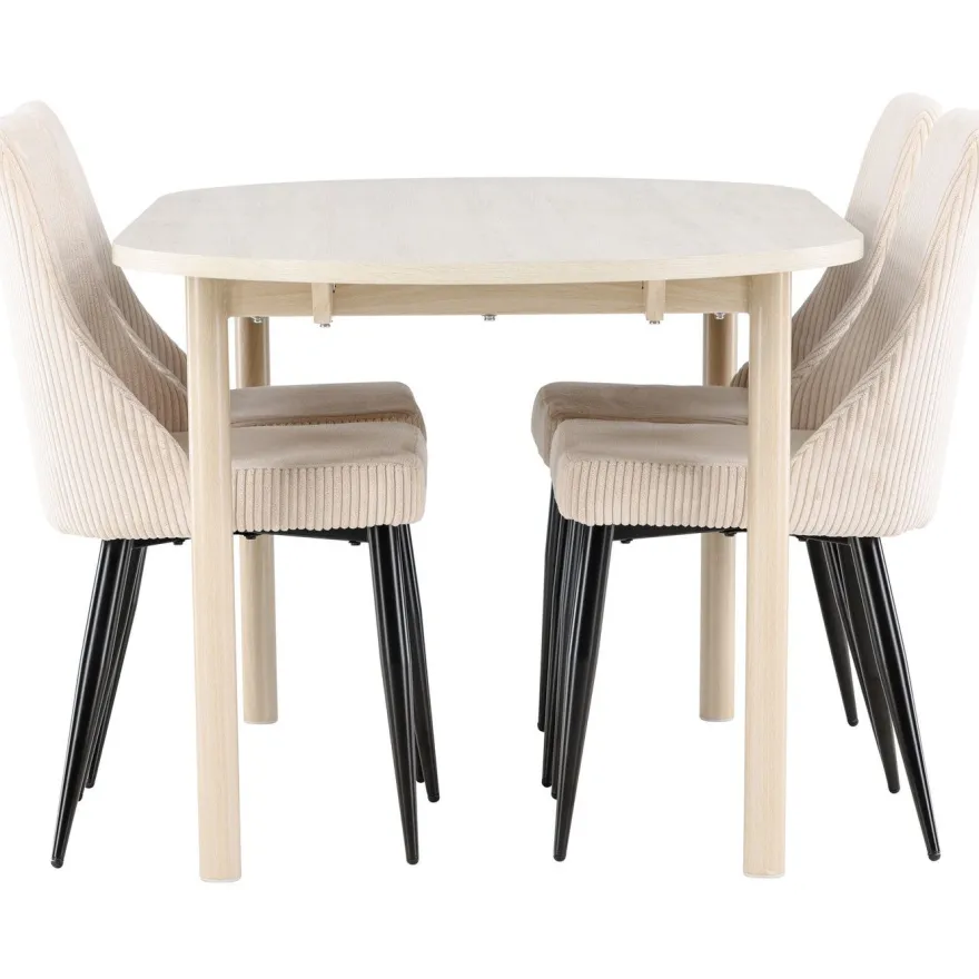 Soikea ruokailuryhmä Venture Home, 180x90cm vaalea Andy-pöytä + 4 beigeä Leone-tuolia, vakosametti