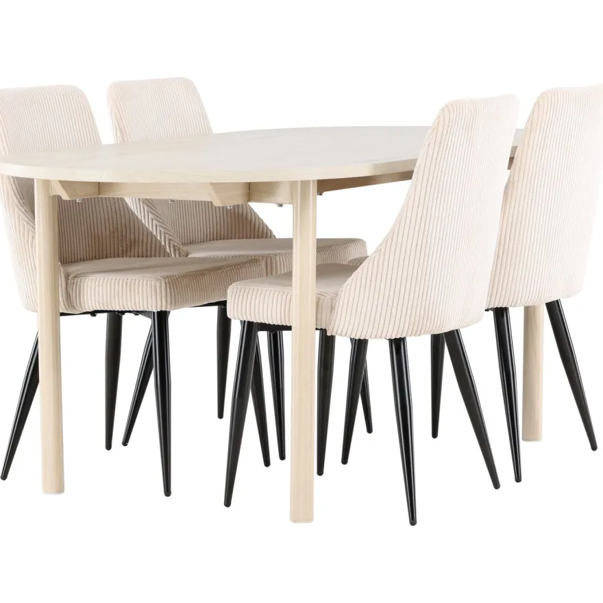 Soikea ruokailuryhmä Venture Home, 180x90cm vaalea Andy-pöytä + 4 beigeä Leone-tuolia, vakosametti