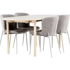 Soikea ruokailuryhmä Venture Home, 180x90cm vaalea Andy-pöytä + 4 harmaata Modesto-tuolia,