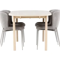 Soikea ruokailuryhmä Venture Home, 180x90cm vaalea Andy-pöytä + 4 harmaata Modesto-tuolia,