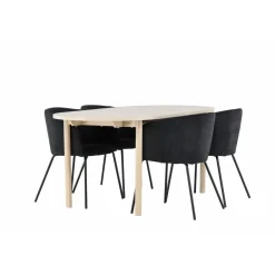 Soikea ruokailuryhmä Venture Home, 180x90cm vaalea Andy-pöytä + 4 mustaa Berit-tuolia, vakosametti