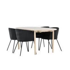 Soikea ruokailuryhmä Venture Home, 180x90cm vaalea Andy-pöytä + 4 mustaa Berit-tuolia, vakosametti