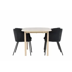 Soikea ruokailuryhmä Venture Home, 180x90cm vaalea Andy-pöytä + 4 mustaa Berit-tuolia, vakosametti
