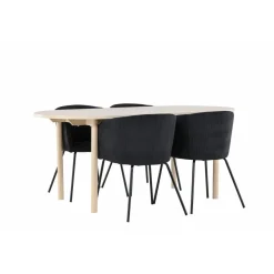 Soikea ruokailuryhmä Venture Home, 180x90cm vaalea Andy-pöytä + 4 mustaa Berit-tuolia, vakosametti