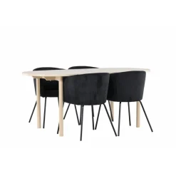 Soikea ruokailuryhmä Venture Home, 180x90cm vaalea Andy-pöytä + 4 mustaa Berit-tuolia, vakosametti
