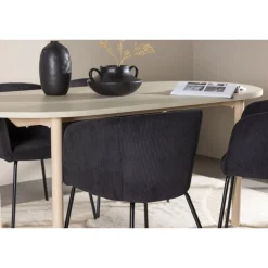 Soikea ruokailuryhmä Venture Home, 180x90cm vaalea Andy-pöytä + 4 mustaa Berit-tuolia, vakosametti