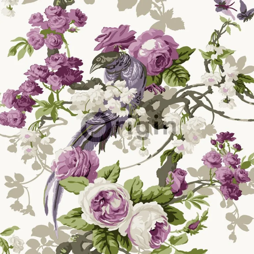 Tapetti Bloomingdale 326152 0,53x10,05 m, lintu, maalaisromanttinen, luonnonvalkoinen, lila, vihreä