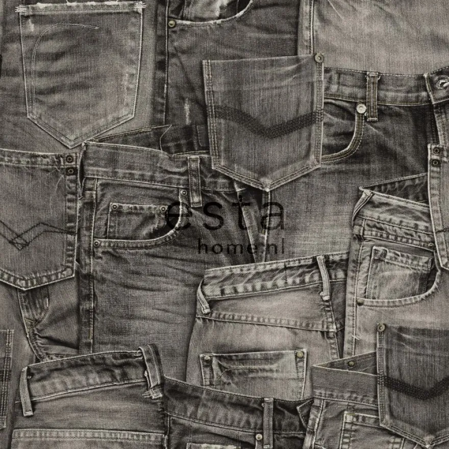 Tapetti Denim 137738, teksti, harmaa/musta, non-woven