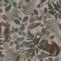 Tapetti Esta Forest Friends 139252, eläin, kasvi, vaaleanpunainen,vihreä