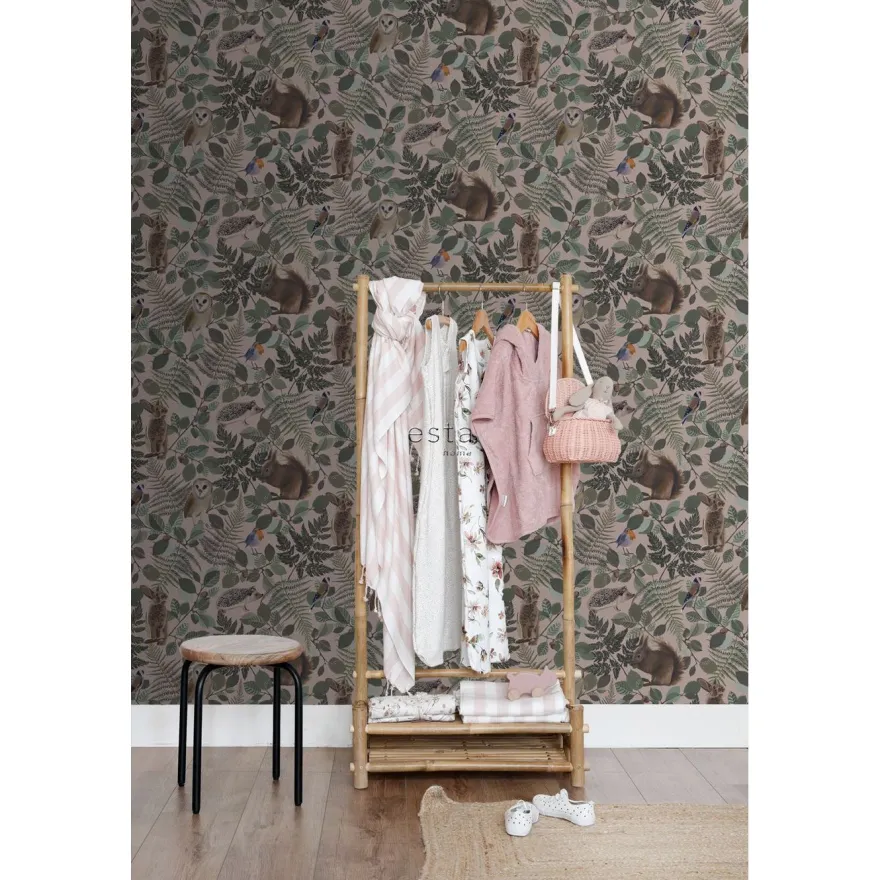 Tapetti Esta Forest Friends 139252, eläin, kasvi, vaaleanpunainen,vihreä