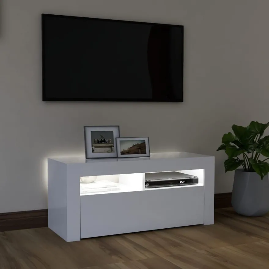 TV-taso LED-valoilla, valkoinen, 90x35x40 cm