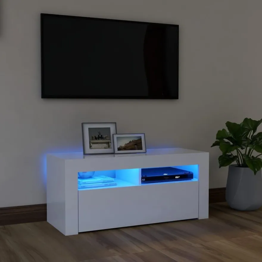 TV-taso LED-valoilla, valkoinen, 90x35x40 cm