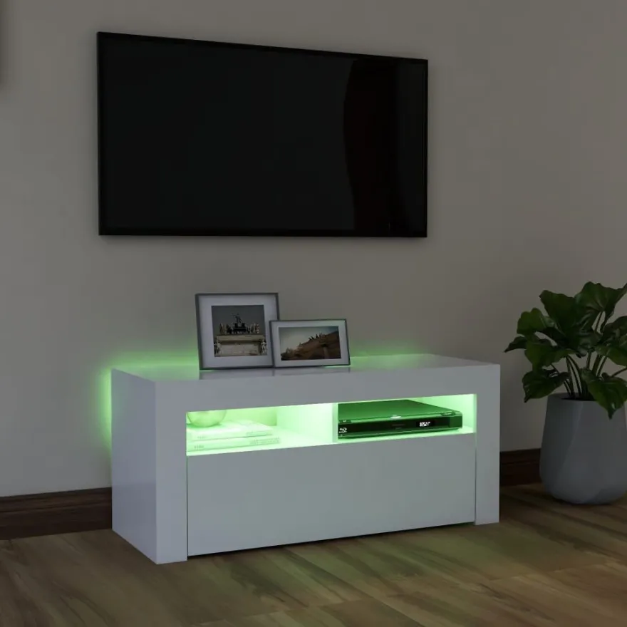 TV-taso LED-valoilla, valkoinen, 90x35x40 cm