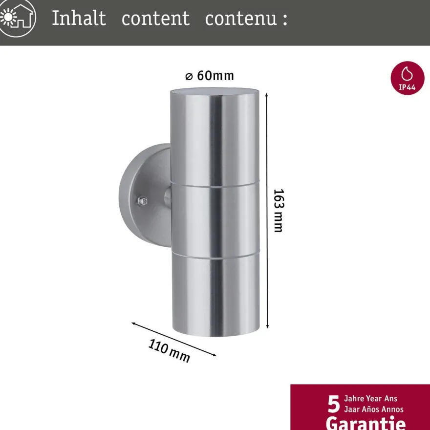 Ulkoseinävalaisin Paulmann Flame, IP44, 6cm, rst