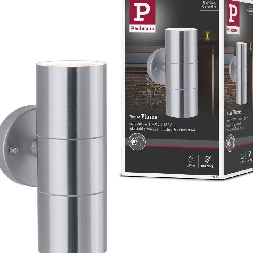 Ulkoseinävalaisin Paulmann Flame, IP44, 6cm, rst