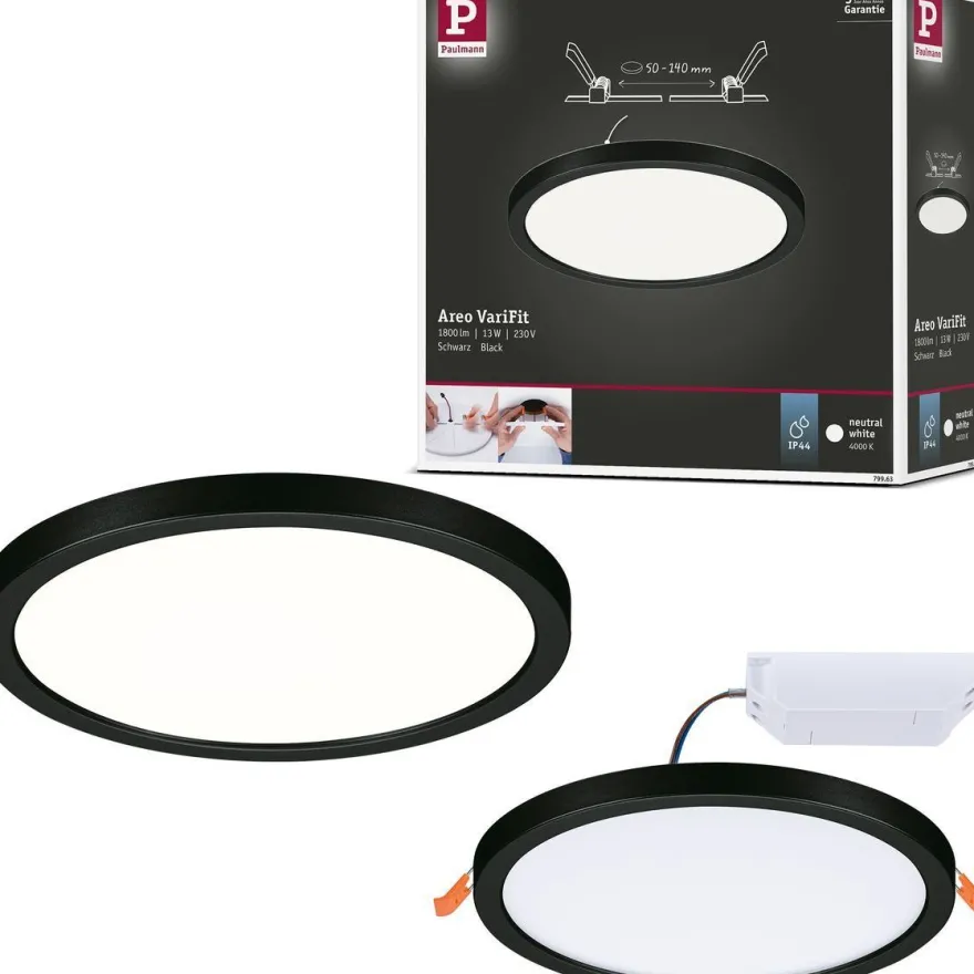 Upotettava LED-paneeli Paulmann VariFit Areo, IP44, Ø175mm, 13W, 4000K, musta