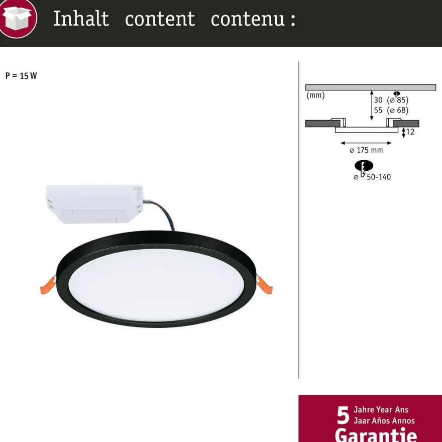 Upotettava LED-paneeli Paulmann VariFit Areo, IP44, Ø175mm, 13W, 4000K, musta