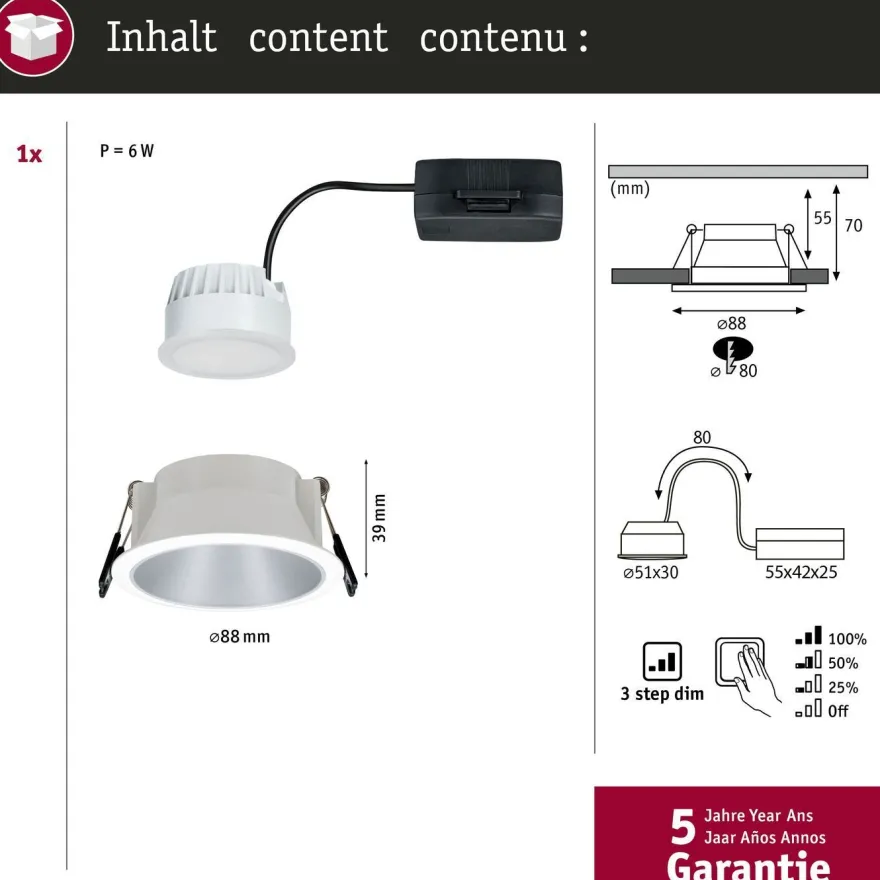 Upotettava LED-valaisin Paulmann Cole Coin, IP44, Ø88mm, 6W, 470lm, 2700K, himmennettävä, eri värejä