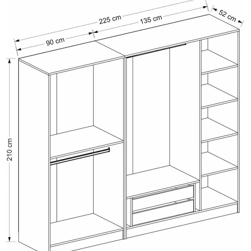 Vaatekaappi Linento Furniture Kale Plus 210x225cm 2 vetolaatikkoa eri värejä