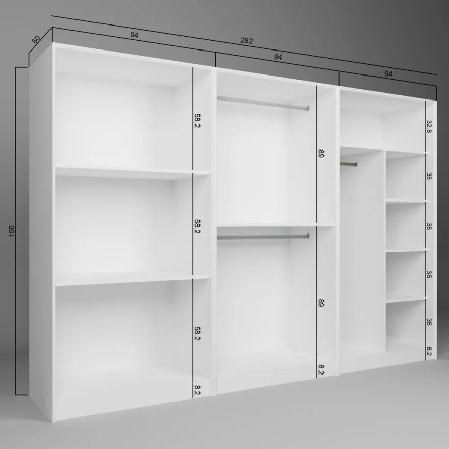 Vaatekaappi Linento Furniture Lucas 11, 280x190cm, valkoinen