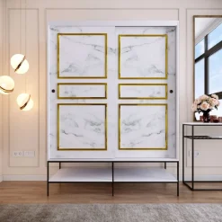 Vaatekaappi liukuovilla Linento Furniture Martin, 150cm, valkoinen marmori/kulta