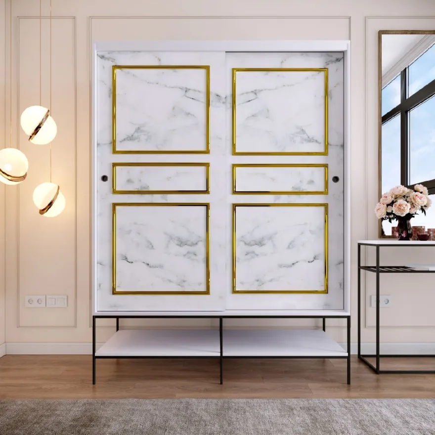 Vaatekaappi liukuovilla Linento Furniture Martin, 150cm, valkoinen marmori/kulta