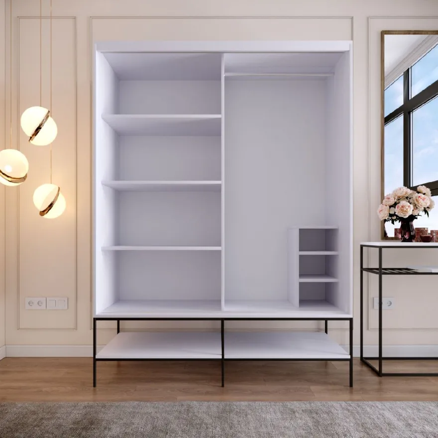 Vaatekaappi liukuovilla Linento Furniture Martin, 150cm, valkoinen marmori/kulta